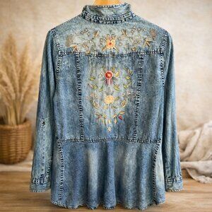 Boho Embroidered Denim Shirt | Acid Wash | Longline Tunic Y2K